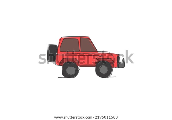One continuous line drawing of\
SUV car for offroad track. Transportation vehicle concept. Dynamic\
single line draw graphic design vector\
illustration