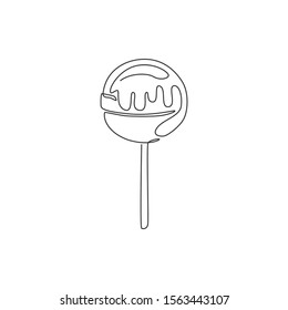 One continuous line drawing of sweet delicious online round lollipop candy shop logo emblem. Confectionery store logotype template concept. Modern single line draw design vector graphic illustration