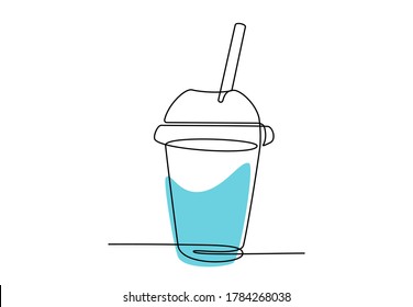 One Continuous Line Drawing Of Sweet Bubble Drink In Cup For Logo Emblem. Simple Sketch Of Blue Soda Drink For Fast Food Cafe Logotype, Wall Art And Posters. Vector Illustration