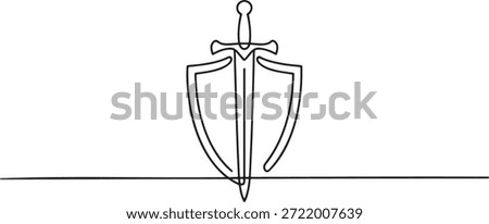One continuous line drawing of a sword and a shield. Concept of defense, protection, security, and strength. Simple yet powerful design for various uses, including logos, icons, and illustrations. Minimalist art style ideal for modern graphic design projects.