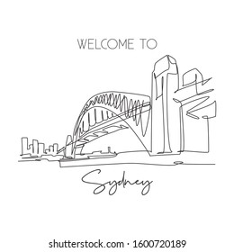 One continuous line drawing Sydney Harbour Bridge landmark. Great bridge in Australia. Holiday vacation tourism home wall decor poster print concept. Modern single line draw design vector illustration