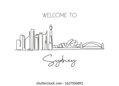 One continuous line drawing of Sydney city skyline, Australia. Beautiful landmark. World landscape tourism travel vacation poster. Editable stylish stroke single line draw design vector illustration