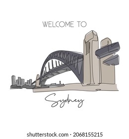 One continuous line drawing Sydney Harbour Bridge landmark. Great bridge in Australia. Holiday vacation tourism home wall decor poster print concept. Modern single line draw design vector illustration