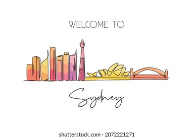 One continuous line drawing of Sydney city skyline, Australia. Beautiful landmark. World landscape tourism travel vacation poster. Editable stylish stroke single line draw design vector illustration