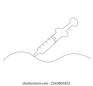 One continuous line drawing of syringe. Single line of syringe vector illustration
