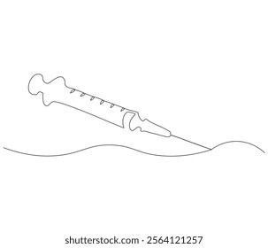 One continuous line drawing of syringe. Single line of syringe vector illustration
