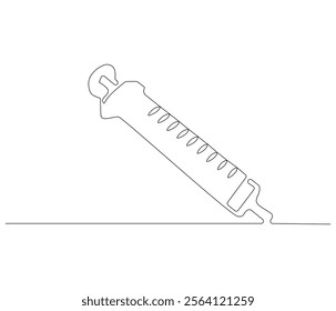 One continuous line drawing of syringe. Single line of syringe vector illustration
