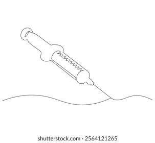 One continuous line drawing of syringe. Single line of syringe vector illustration
