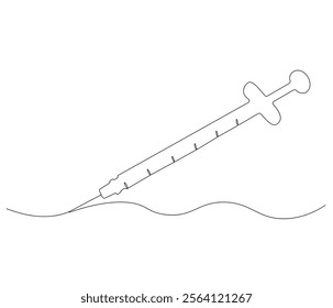 One continuous line drawing of syringe. Single line of syringe vector illustration
