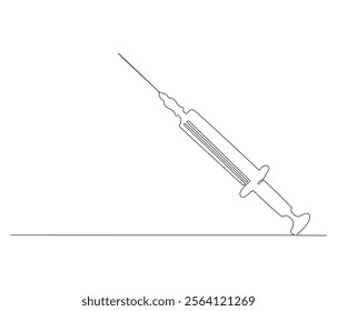 One continuous line drawing of syringe. Single line of syringe vector illustration
