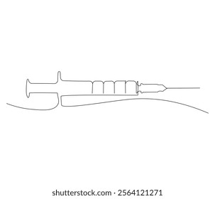 One continuous line drawing of syringe. Single line of syringe vector illustration
