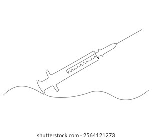 One continuous line drawing of syringe. Single line of syringe vector illustration
