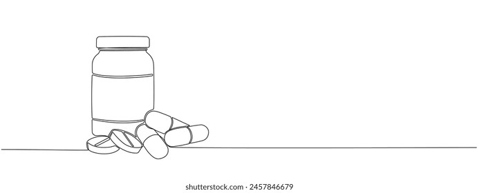 One continuous line drawing of tablets and capsules in plastic jar . Pharmaceutical drugs, medical supplies, vitamins, antibiotics in simple linear style.