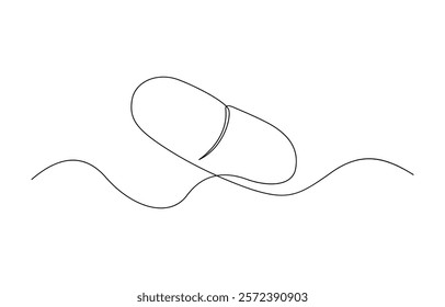 One continuous line drawing of tablets and capsules harmaceutical drugs, medical supplies, One Continuous Line Drawing of Medicine Pill Icon. Single Line Vector Illustration.