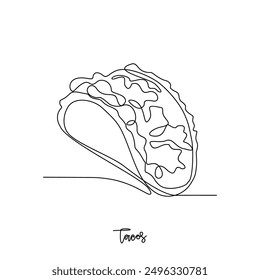 One continuous line drawing of Tacos food vector illustration. Traditional food in simple linear style vector design concept. Traditional foods have gained global popularity in world communities.