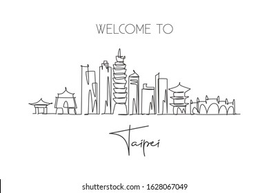 One continuous line drawing of Taipei city skyline, Taiwan. Beautiful landmark. World landscape tourism and travel vacation. Editable stylish stroke single line draw design graphic vector illustration