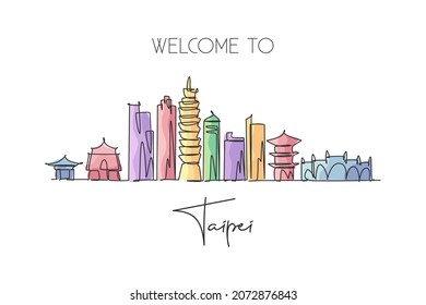 One continuous line drawing of Taipei city skyline, Taiwan. Beautiful landmark. World landscape tourism and travel vacation. Editable stylish stroke single line draw design graphic vector illustration