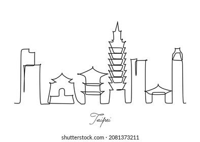 One continuous line drawing of Taipei city skyline, China. Beautiful landmark home decor poster print. World landscape tourism travel vacation. single line draw design vector illustration