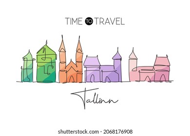 One continuous line drawing of Tallinn city skyline, Estonia. Beautiful landmark. World landscape tourism travel home wall decor poster print art. Stylish single line draw design vector illustration