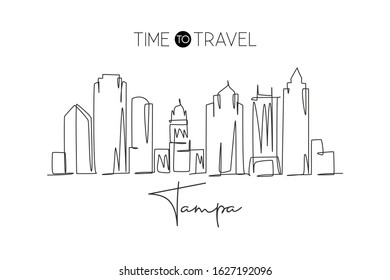 One continuous line drawing Tampa city skyline, United States. Beautiful landmark. World landscape tourism travel vacation poster. Editable stylish stroke single line draw design vector illustration