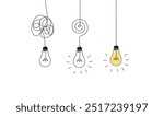 One continuous line drawing of tangled and scribble wires with light bulbs. Concept of complex problem solving process and psychoterapy in simple linear style. Editable stroke. Vector illustration