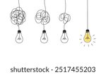 One continuous line drawing of tangled and scribble wires with light bulbs. Concept of complex problem solving process and Clarifying idea in simple linear style. Doodle vector illustration