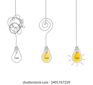 One continuous line drawing of tangled and scribble wires with light bulbs illustration