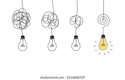 One continuous line drawing of tangled and scribble wires with light bulbs. Concept of complex problem solving process and Clarifying idea in simple linear style. Doodle vector illustration
