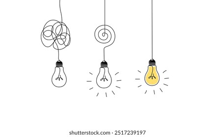 One continuous line drawing of tangled and scribble wires with light bulbs. Concept of complex problem solving process and psychoterapy in simple linear style. Editable stroke. Vector illustration