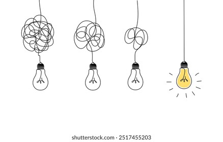 One continuous line drawing of tangled and scribble wires with light bulbs. Concept of complex problem solving process and Clarifying idea in simple linear style.vector illustration eps 10