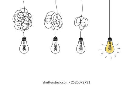  One continuous line drawing of tangled and scribble wires with light bulbs. Concept of complex problem solving process and Clarifying idea in simple linear style.vector illustration eps 10