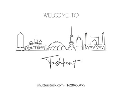 One continuous line drawing Tashkent city skyline, Uzbekistan. Beautiful landmark wall decor poster print. World landscape tourism travel vacation. Stylish single line draw design vector illustration