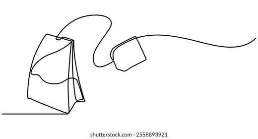 one continuous line drawing of tea bag.one line drawing of tea bag icon.single line vector illustration.isolated white background, Hot herbal drink for morning routine and breakfast in simple linear. 