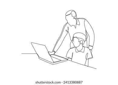 One continuous line drawing of teacher is teaching his students how to use laptop. Simple practice minimalist concept, editable stroke.