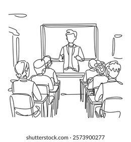 One continuous line drawing of a teacher teaching students. Simplified minimalist design for education and learning. Teacher in Classroom Line Style Concept Vector Illustration.