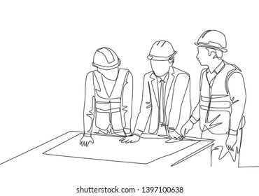 One continuous line drawing team of young architects presenting construction sketch draft blueprint design to manager. Building architecture business concept. Single line draw design illustration