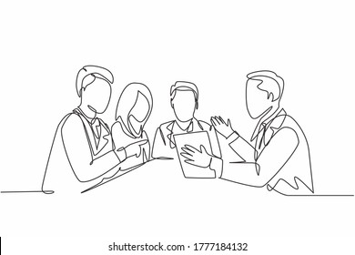 One continuous line drawing team of doctor diagnosing illness while reading patient medical record at the meeting room. Hospital health care concept single line draw graphic design vector illustration