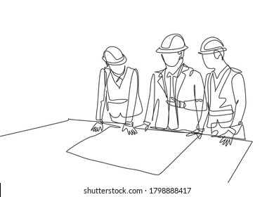 One continuous line drawing team of young architects presenting construction sketch draft blueprint design to manager. Building architecture business concept. Single line draw design illustration