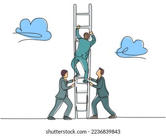 One continuous line drawing of team members support their leader to climb the ladder to reach the sky to reach the success. Trendy business teamwork concept single line draw design vector illustration