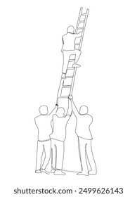  One continuous line drawing of team members support their leader to climb the ladder to reach the success.