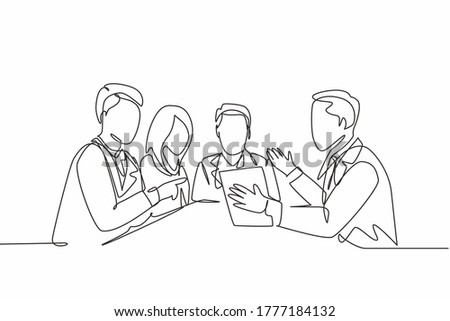 One continuous line drawing team of doctor diagnosing illness while reading patient medical record at the meeting room. Hospital health care concept single line draw graphic design vector illustration