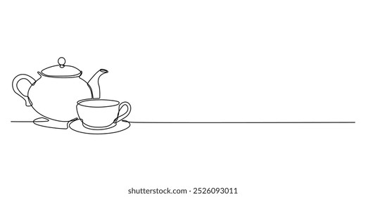 one continuous line drawing of a teapot and a cup of tea.one line drawing of a teapot.tea serving guest dishes,cafe,health tea.single line vector illustration.isolated white background