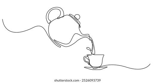 um desenho de linha contínua de um bule de chá derramando chá.um desenho de linha de um bule.servindo pratos de chá convidados,café,saúde chá.única linha vetor ilustração.isolado fundo branco