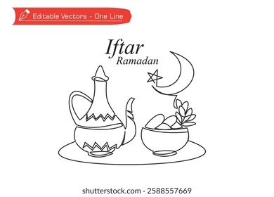 One continuous line drawing of a teapot, a bowl of dates, leaves, moon and stars. Vector illustration of Iftar celebration image of Ramadan Kareem, Ramadhan Mubarak.