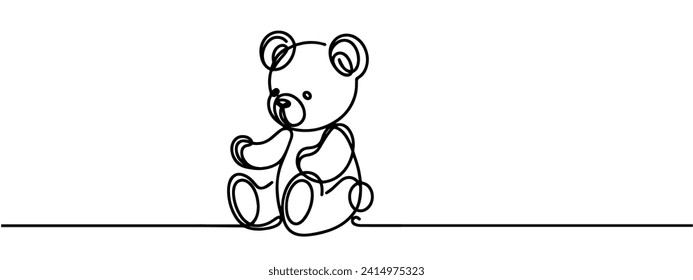 One continuous line drawing of Teddy bear. Soft toy symbol of friendships childrens in simple linear style. Concept for birthday gift and greeting card in editable stroke. Doodle vector illustration.