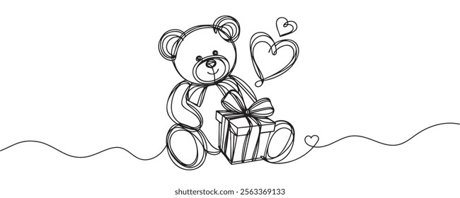 One continuous line drawing of teddy bear. Soft toy for valentine's day, birthday. Vector illustration