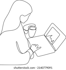 One continuous line drawing of teen girl school student wear headphone and watch video online webinar learn on laptop. Distance E-learning course video conference pc call in bedroom at home.