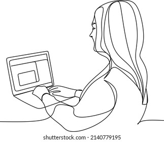 One continuous line drawing of teen girl school student wear headphone and watch video online webinar learn on laptop. Distance E-learning course video conference pc call in bedroom at home.