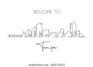 One continuous line drawing Tempe city skyline, Arizona. Beautiful landmark postcard. World landscape tourism travel home wall decor poster print. Stylish single line draw design vector illustration