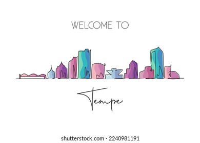 One continuous line drawing Tempe city skyline, Arizona. Beautiful landmark postcard. World landscape tourism travel home wall decor poster print. Stylish single line draw design vector illustration